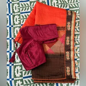 Indian Orange Brown Silk Cotton Zari Saree